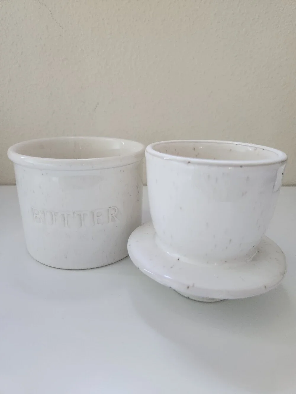 White Speckled Ceramic BUTTER Crock Farmhouse Kitchen Decor